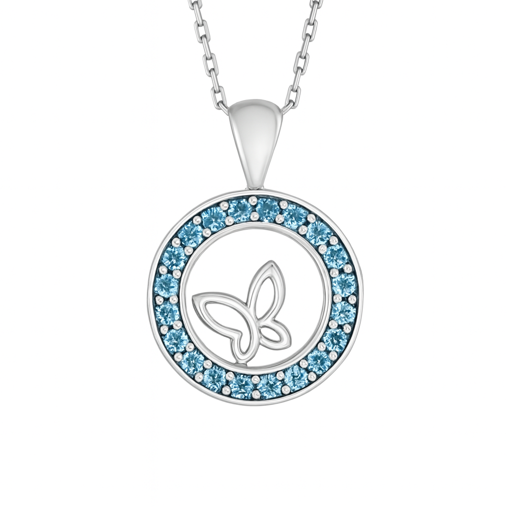 Butterfly-Design Blue Round-Cut Gemstones White Gold Pendant