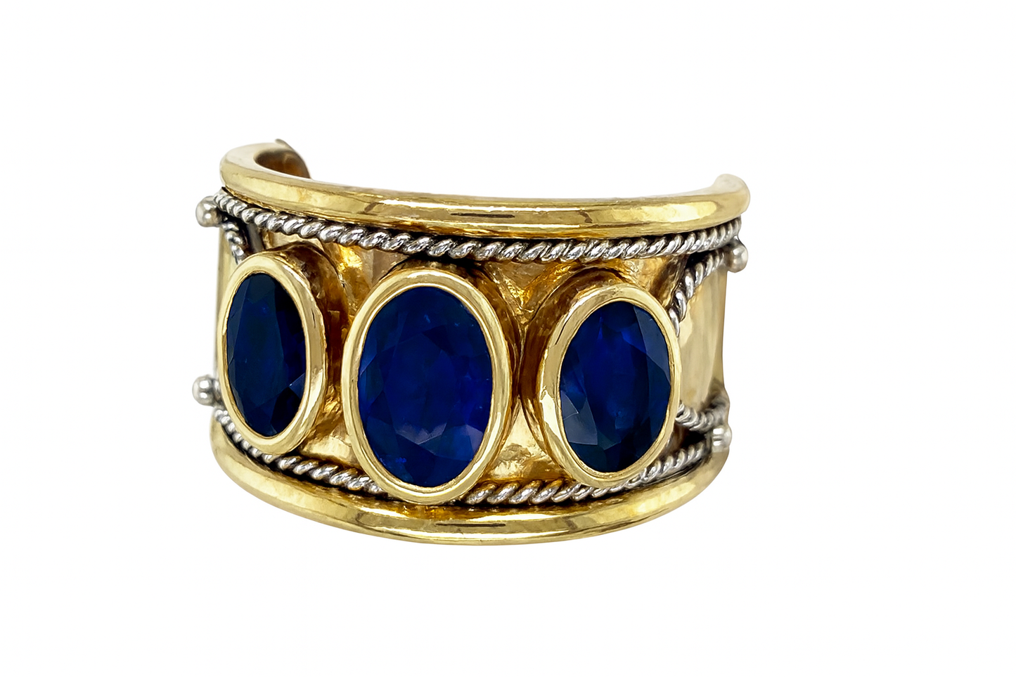 Three Deep Blue Sapphires Birthstone Gold Ring