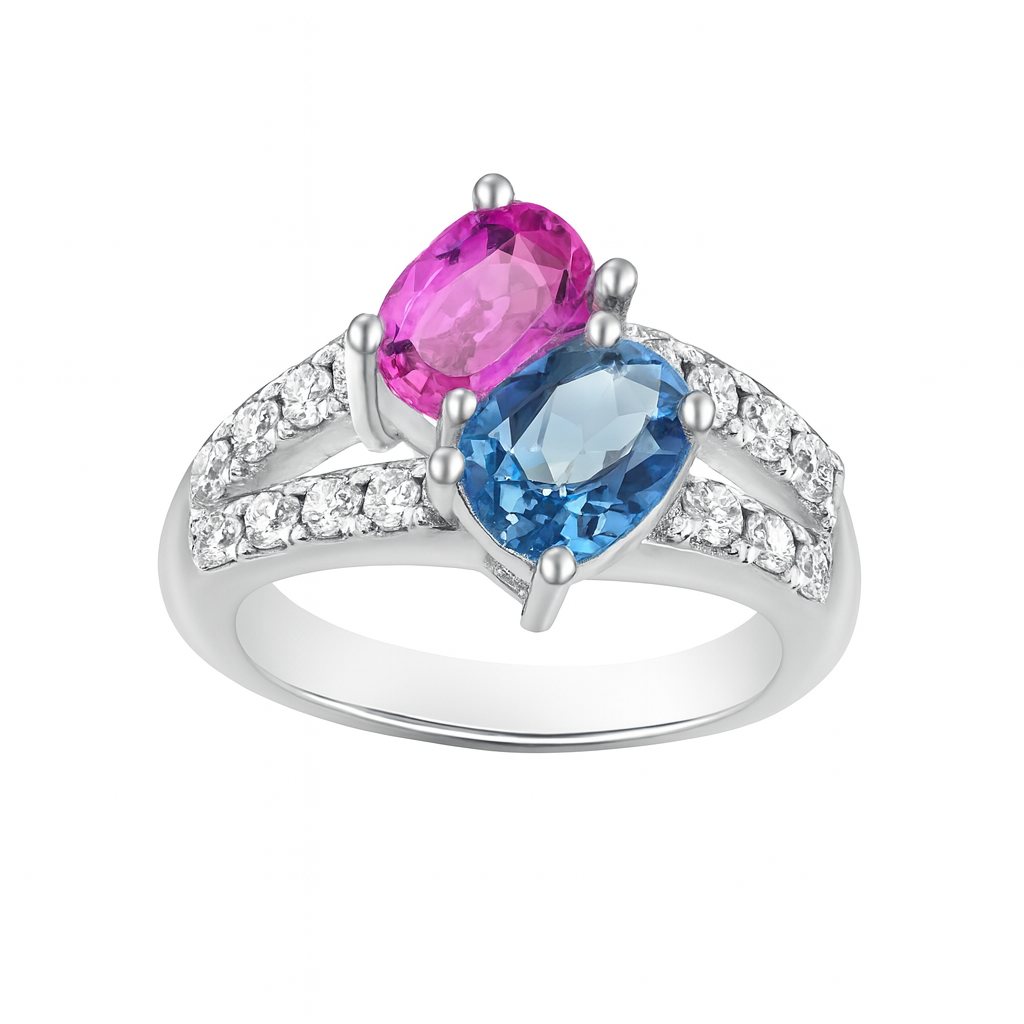 Pink and Blue Oval-Cut White Gold Ring