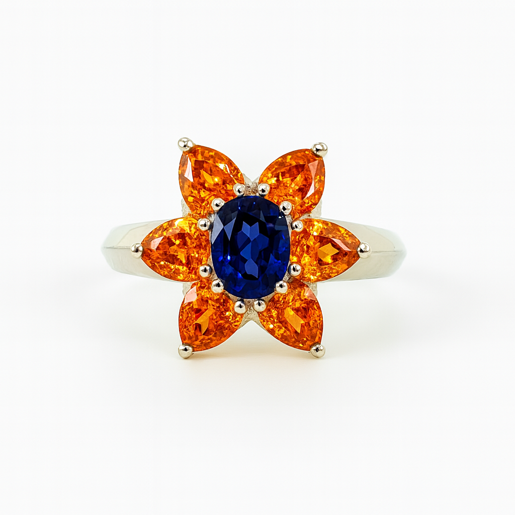 Floral-Design Blue Oval-Cut Gemstone Birthstone Ring
