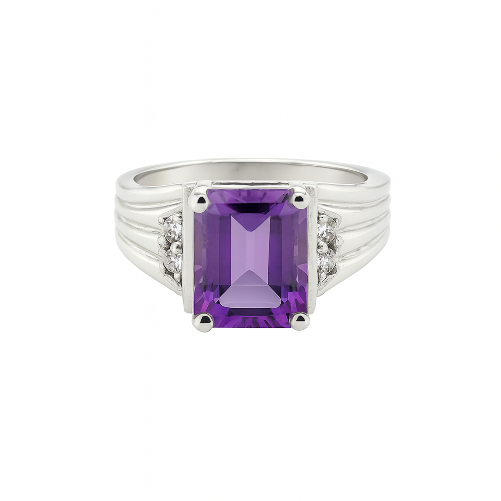 Amehyst Emerald Cut Birthstone Gold Ring