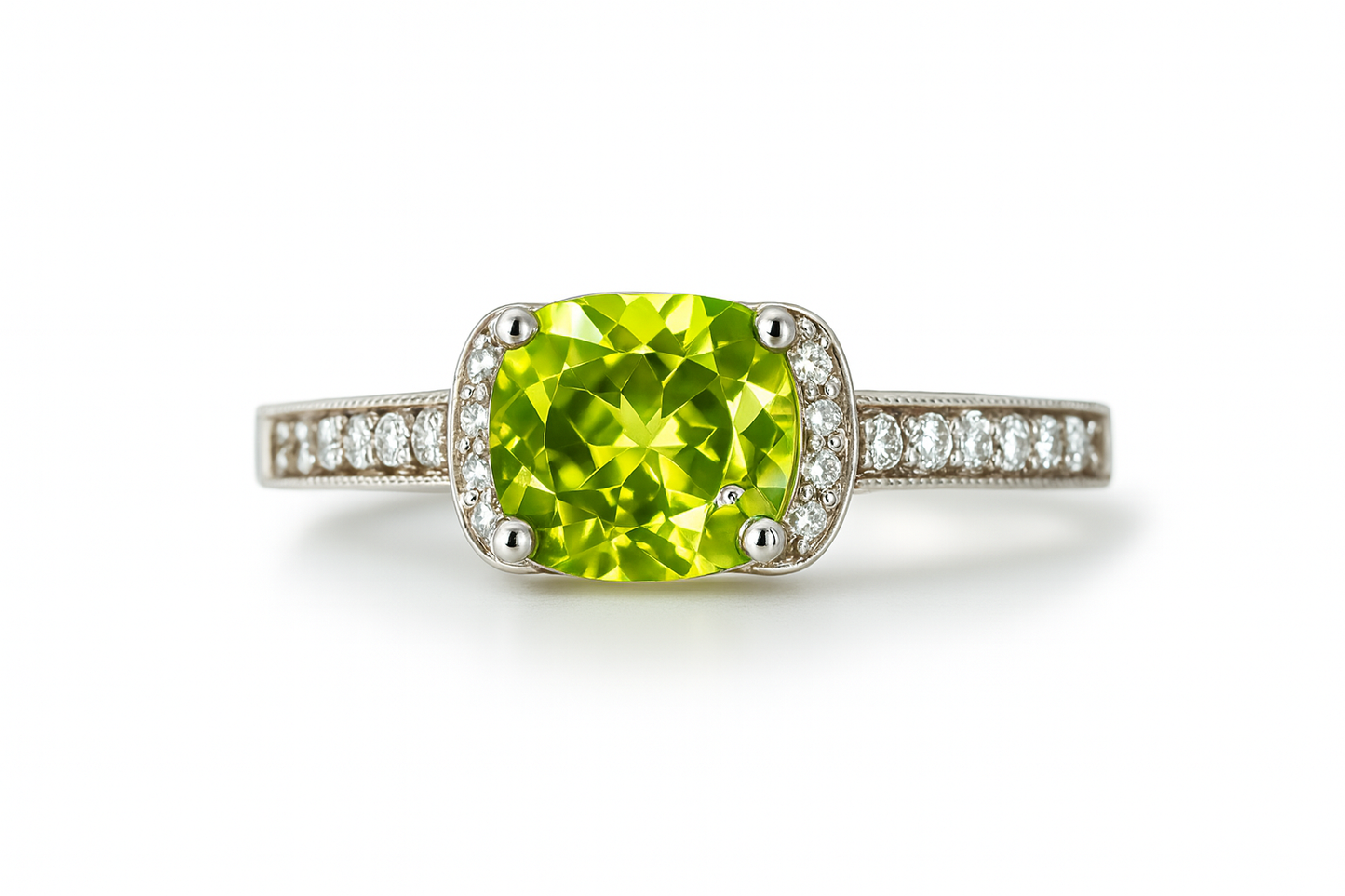 Green Round-Cut Gemstone White Gold Ring