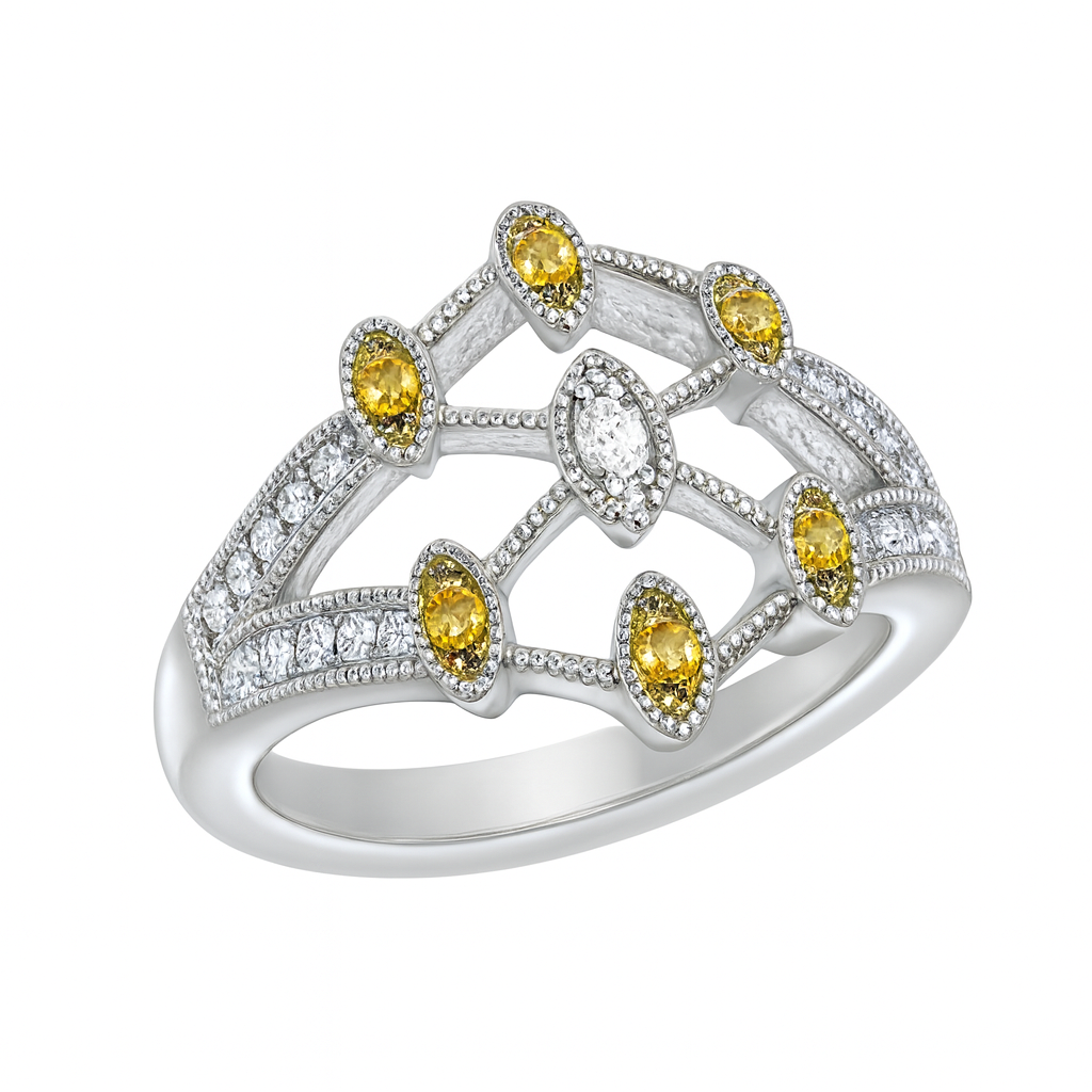 Striking Geometric Round-Cut Gemstones White Gold Ring