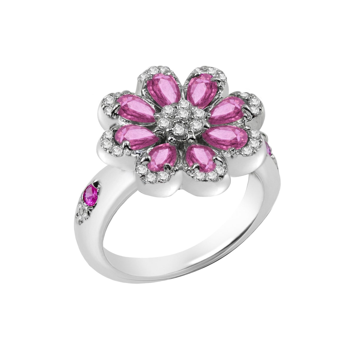 Floral-Design Pink Pear-Cut White Birthstone Ring