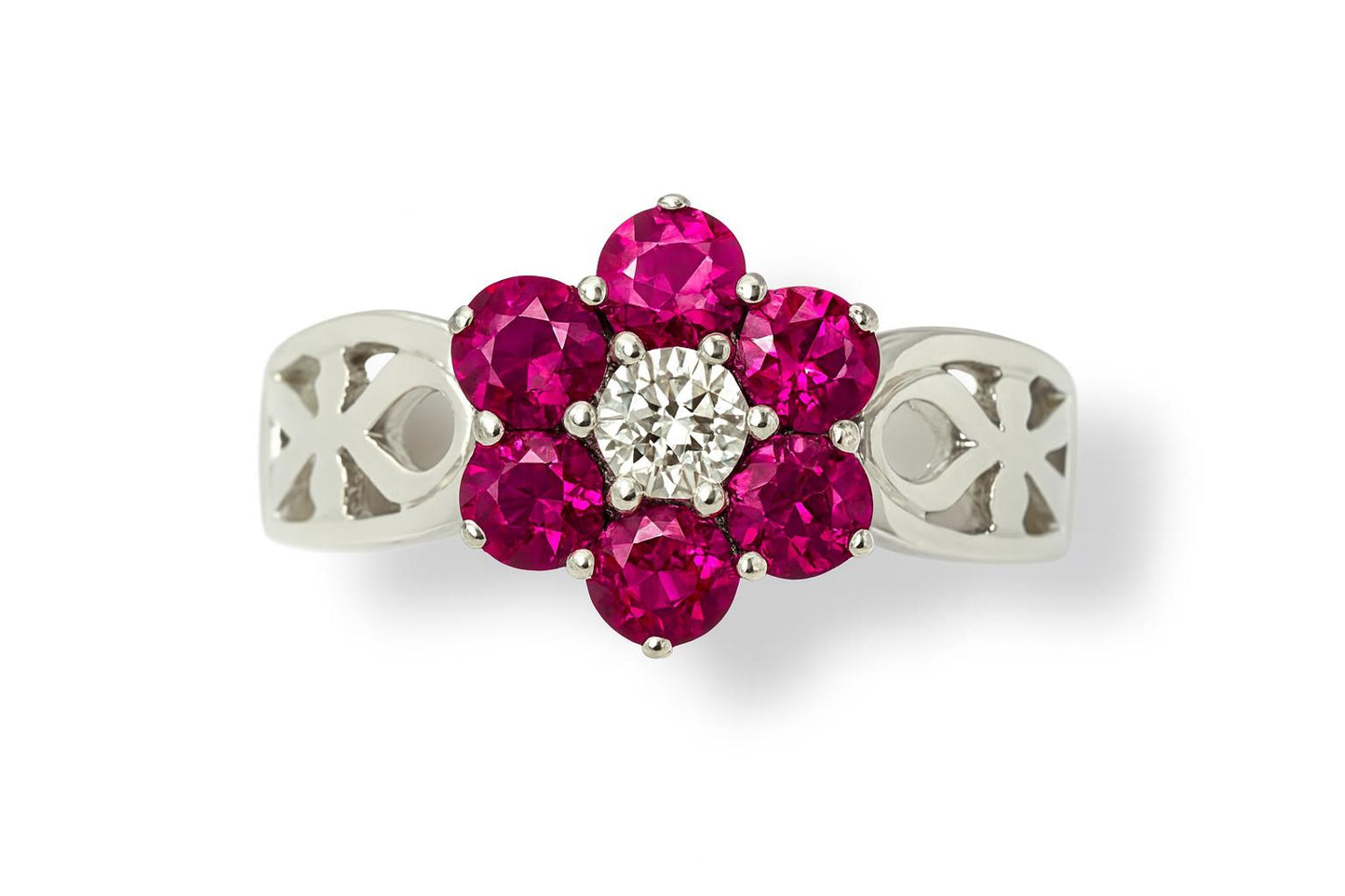 Floral-Style Round-Cut Gemstones White Gold Ring