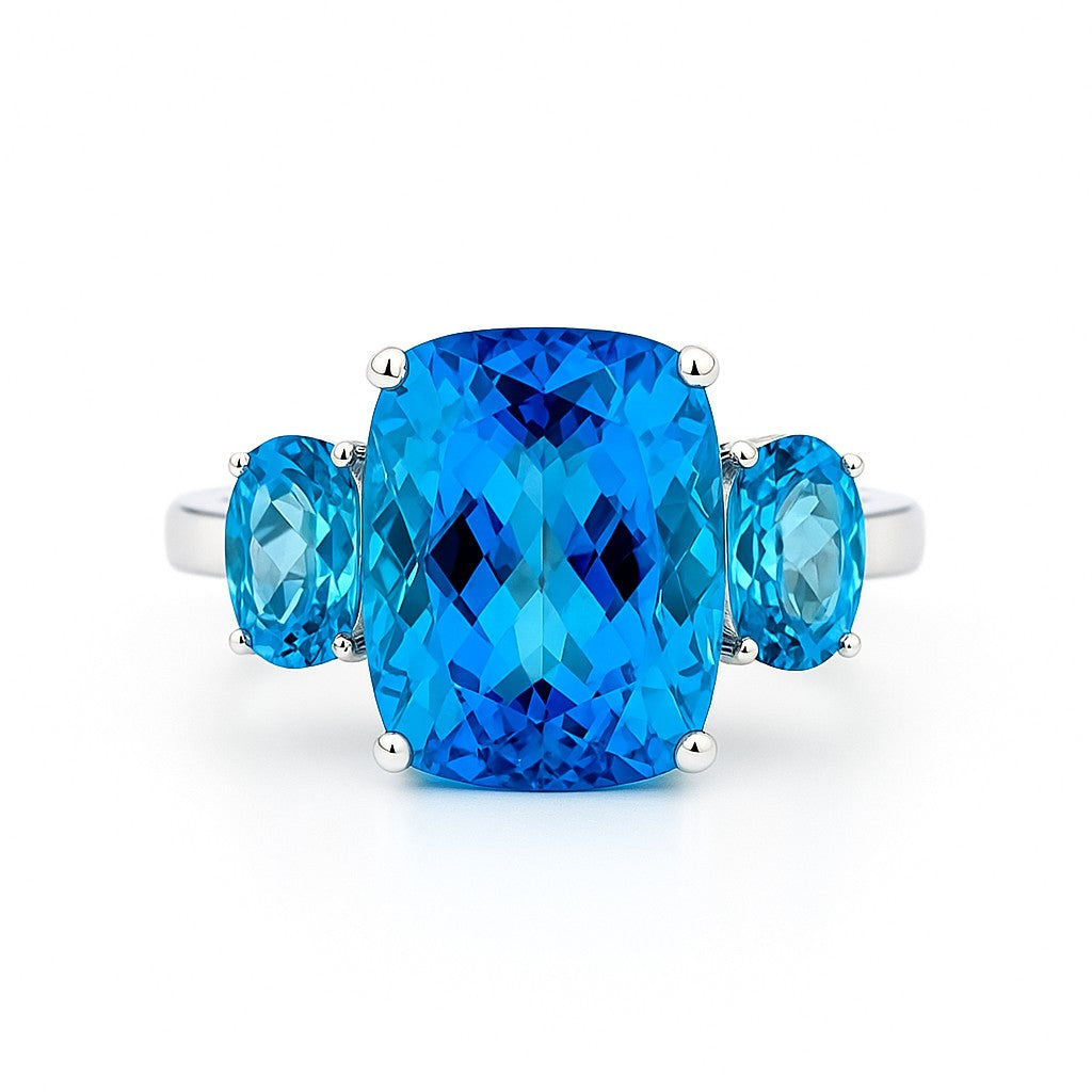 Blue Topaz Trio Cushion-Cut White Gold Ring