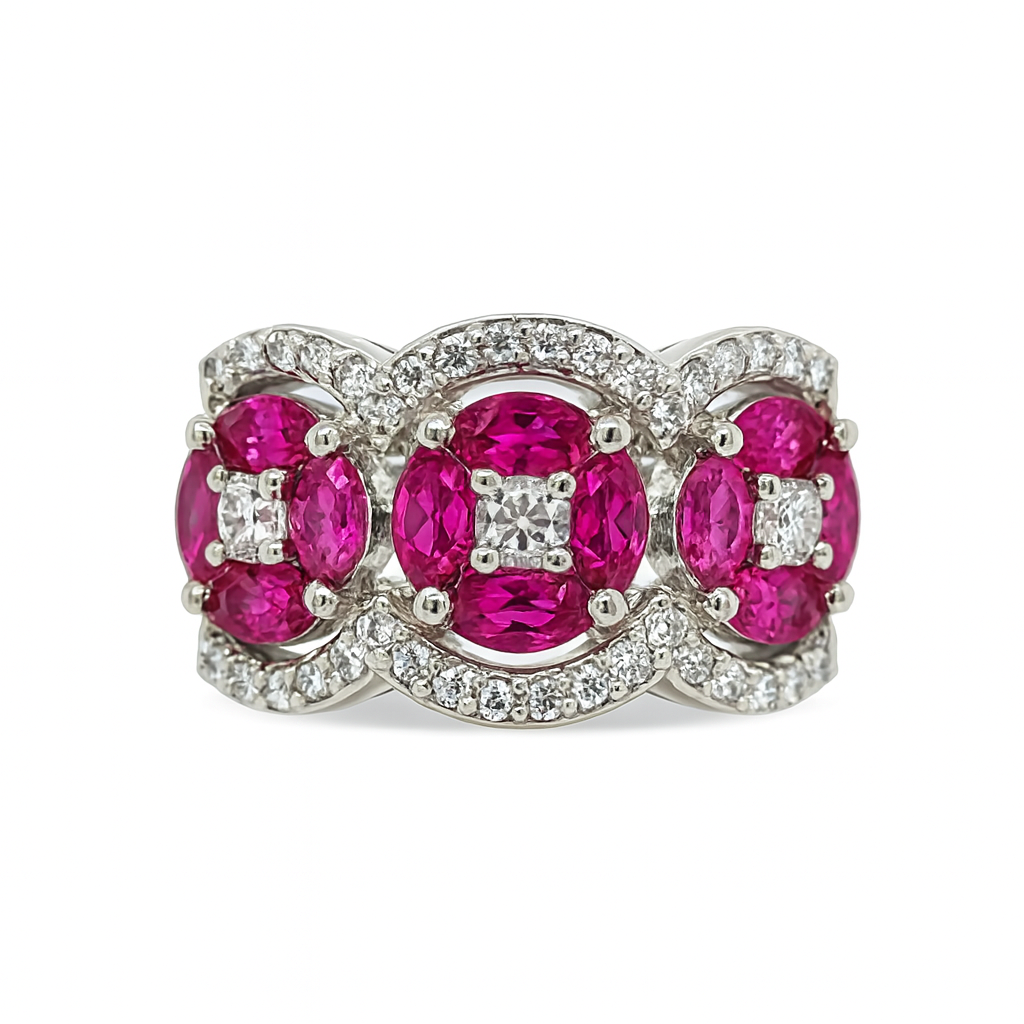 Tri-Cluster Pink Sapphire Birthstone Ring