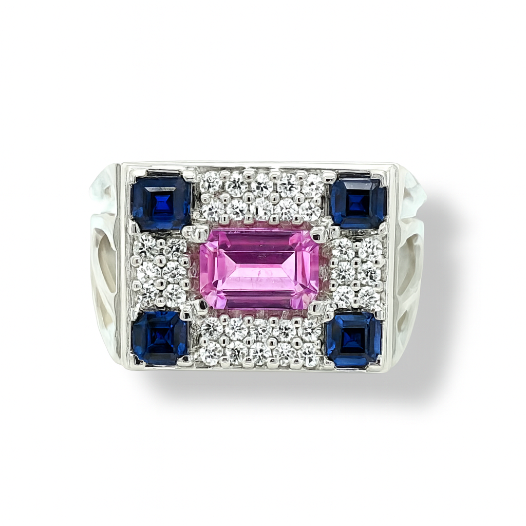 Pink and Blue Emerald-Cut Birthstone Ring