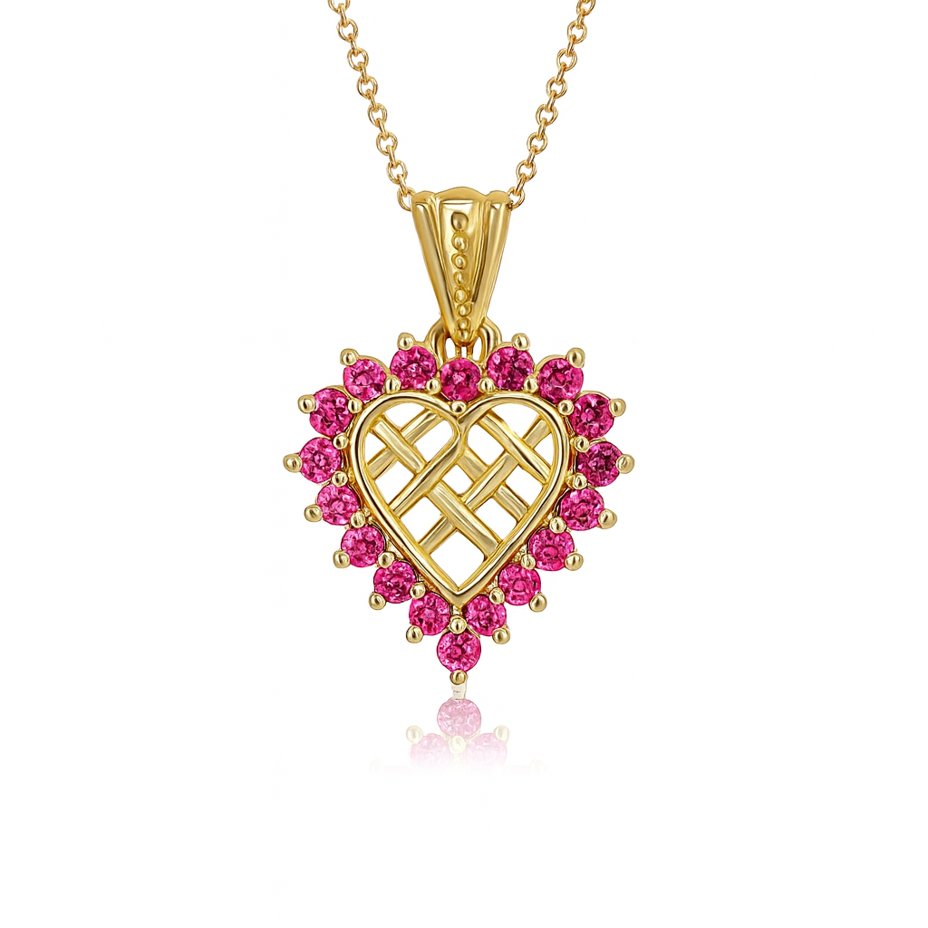 Heart-Style Pink Gemstones Yellow Gold Pendant