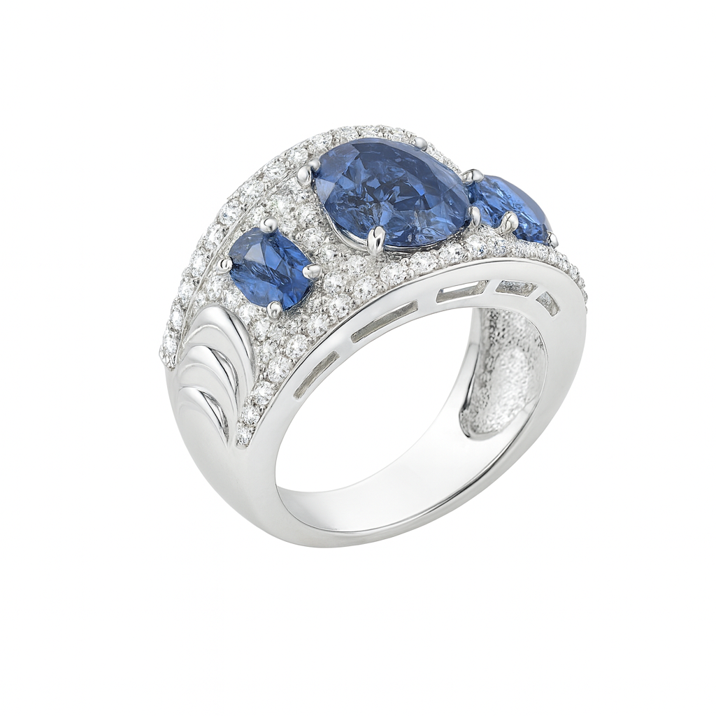 Three Blue Sapphires Marquise-Cut Birthstone Gold Ring
