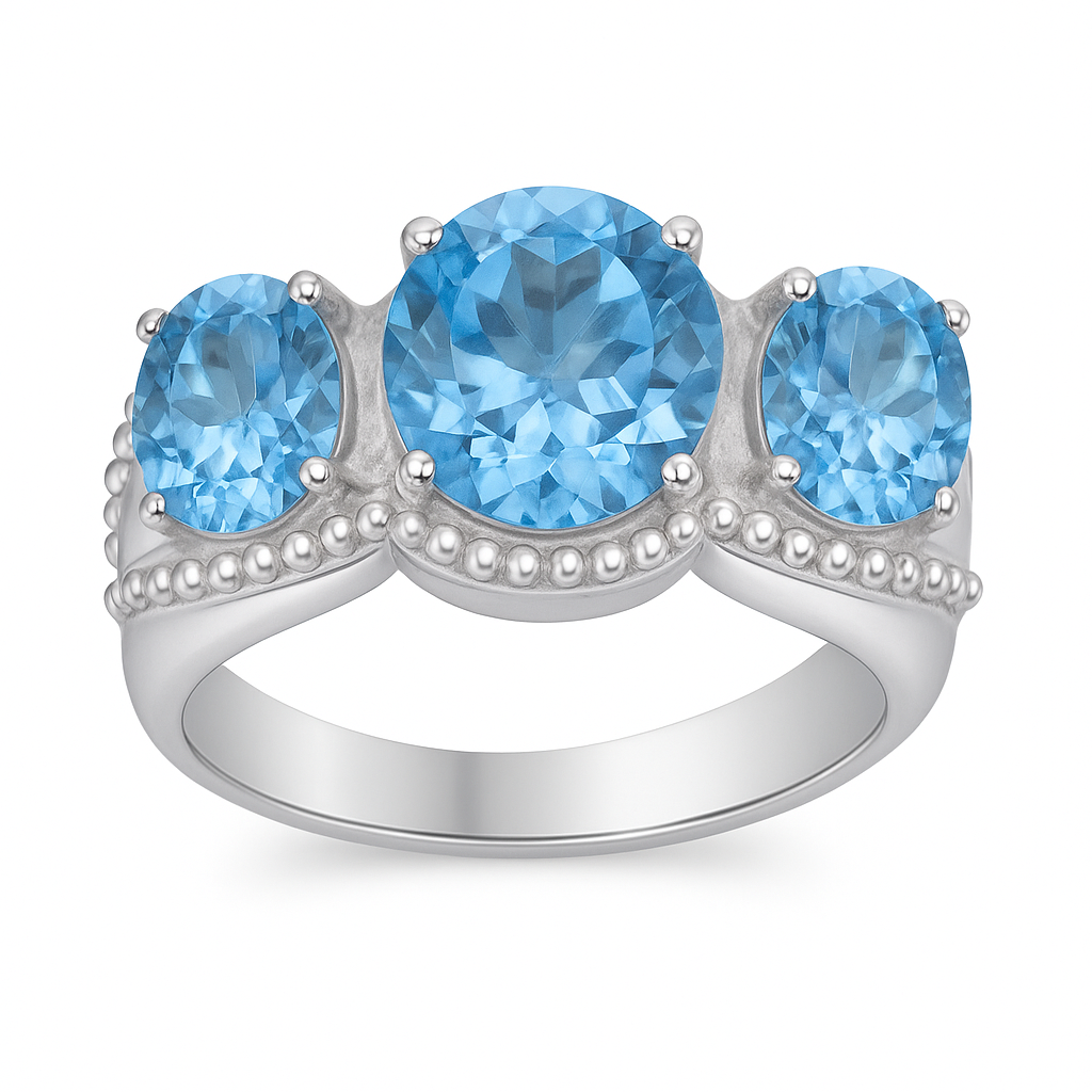 Blue Topaz Three Stone Oval-Cut Birthstone Gold Ring