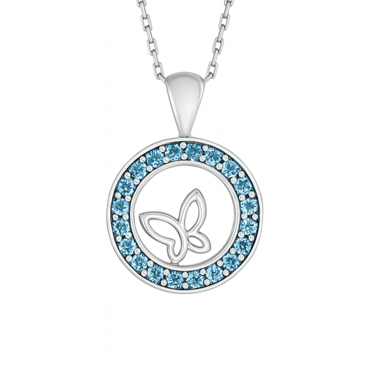 Butterfly-Design Blue Round-Cut Gemstones White Gold Pendant
