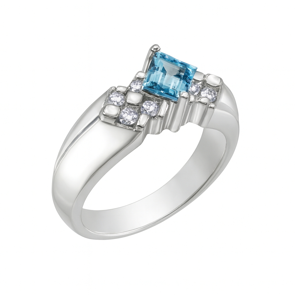 Blue Topaz Emerald-Cut Birthstone Gold Ring