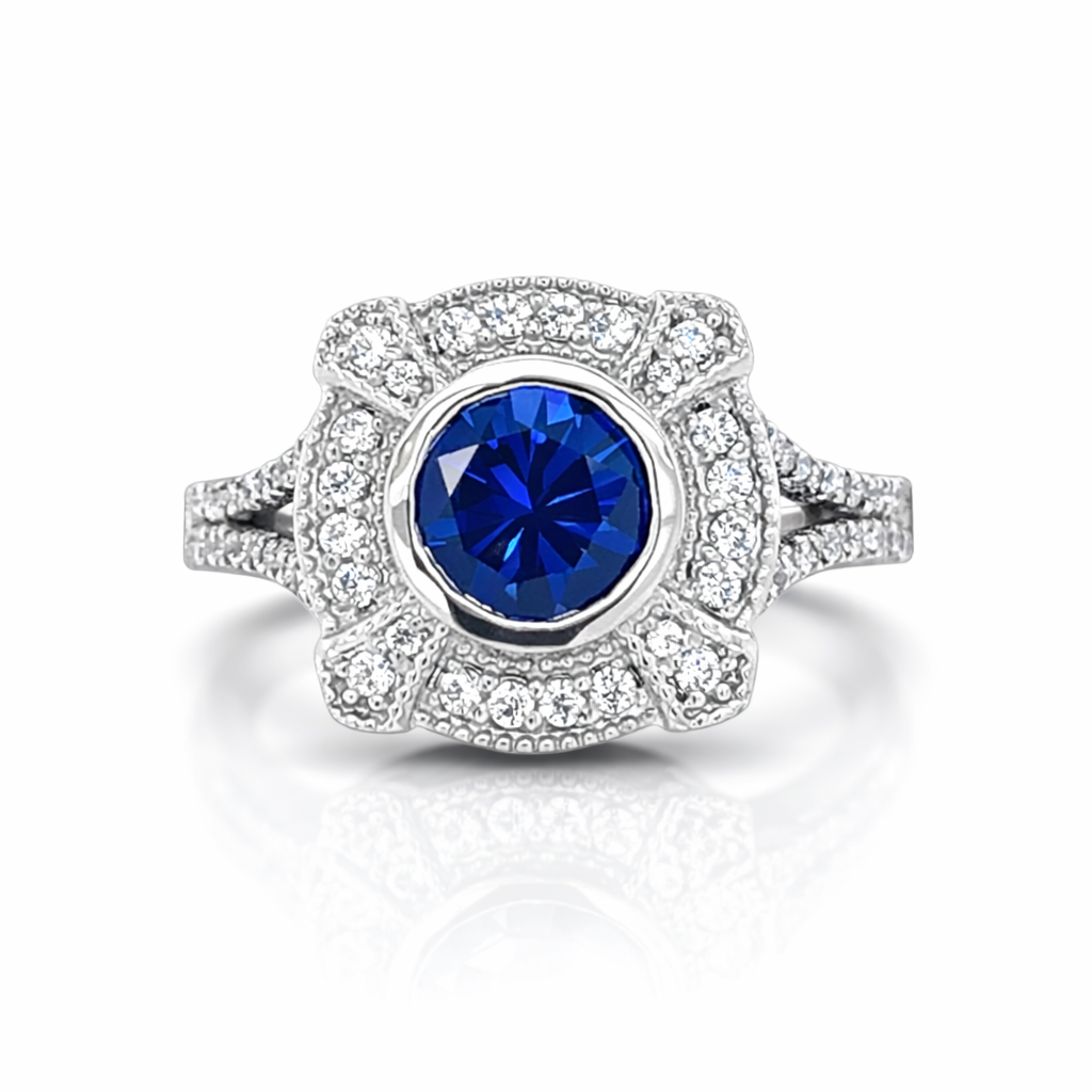 Blue Royal Sapphire Halo White Gold Ring