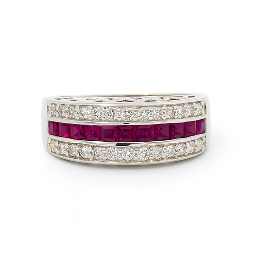 Rubies & Diamonds Three-Row Gold Ring