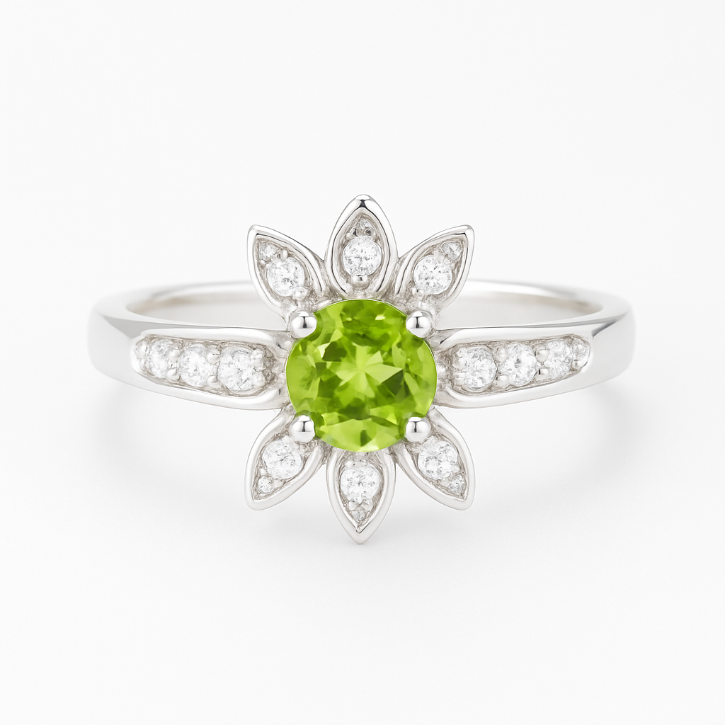 Floral-Shape Peridot Round-Cut Birthstone Ring
