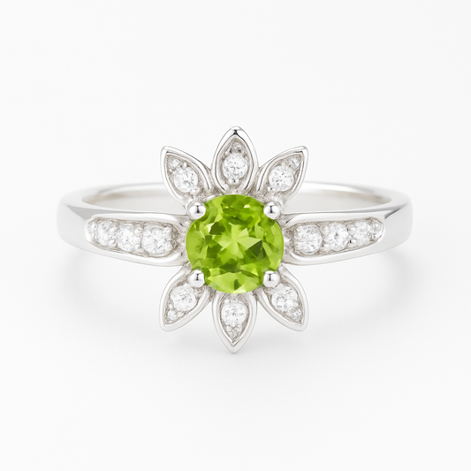 Floral-Shape Peridot Round-Cut Birthstone Ring