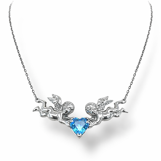 Twin Angels Heart White Gold Necklace