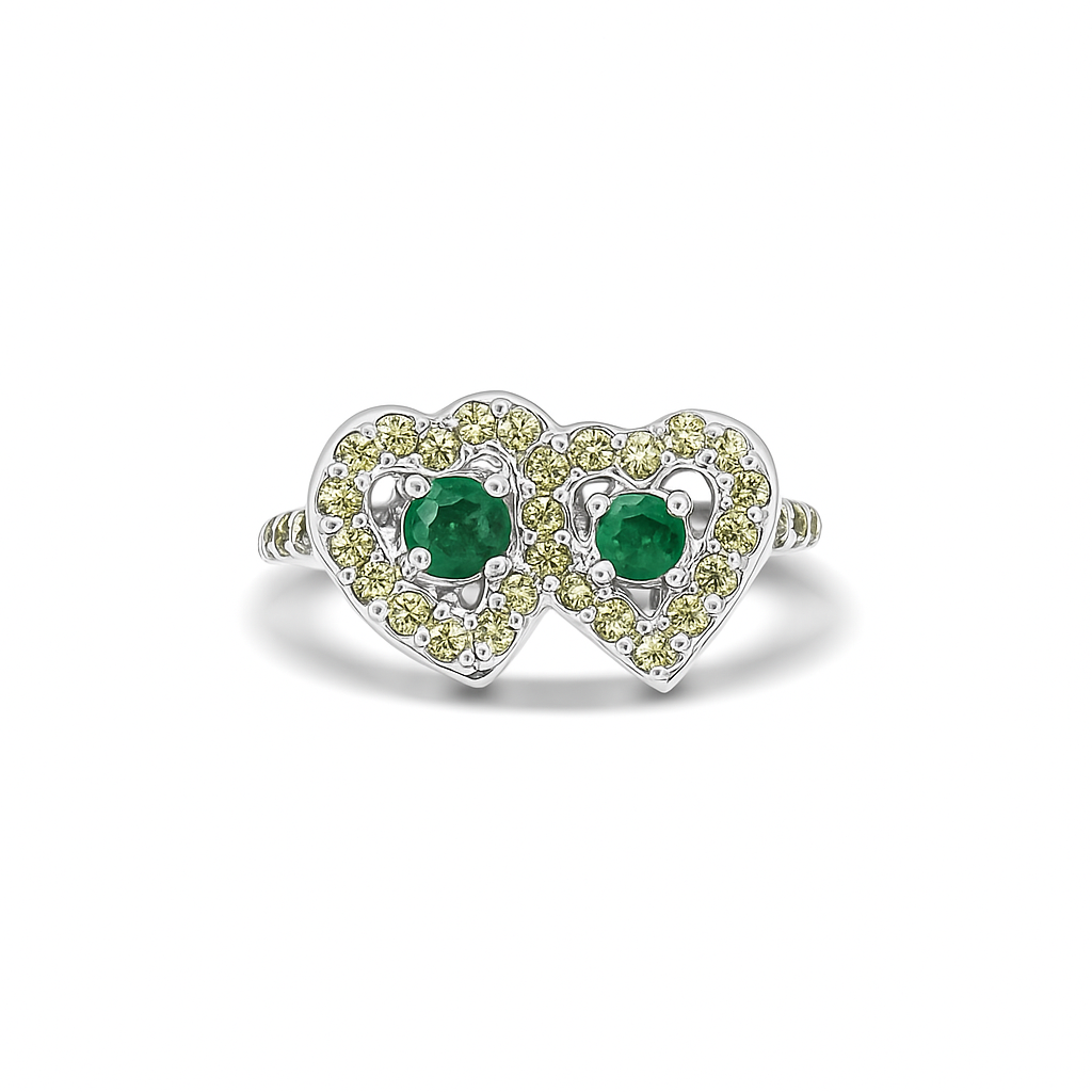 Emerald Double Heart White Gold Ring