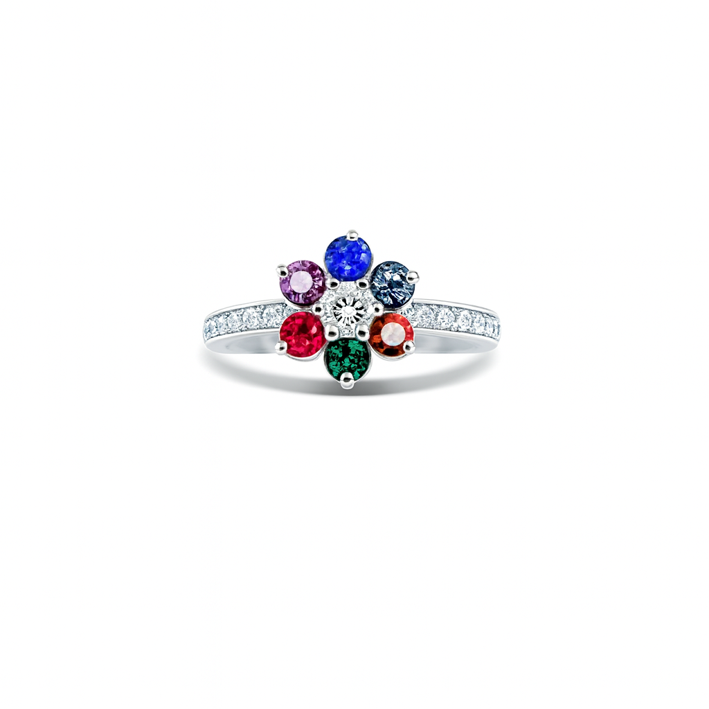 Multi-Gemstone Floral Round-Cut Birthstone Ring