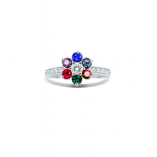 Multi-Gemstone Floral Round-Cut Birthstone Ring
