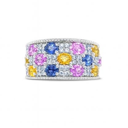 Wide Band Multicolor Sapphires White Gold Ring