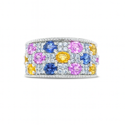 Wide Band Multicolor Sapphires White Gold Ring