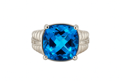 Blue Topaz Cushion-Cut White Gold Ring