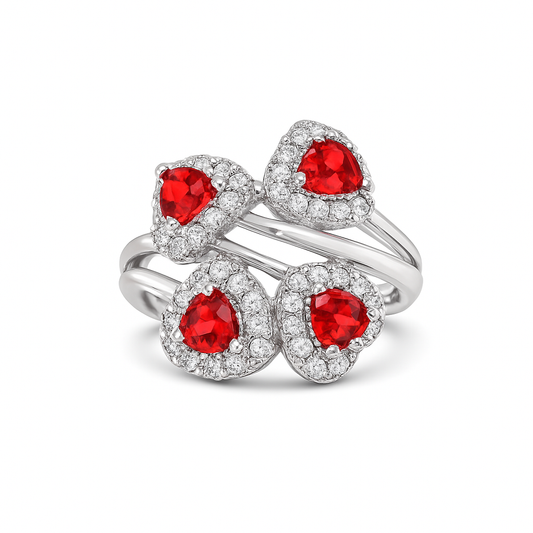 Red Ruby Bloom Cluster White Gold Ring