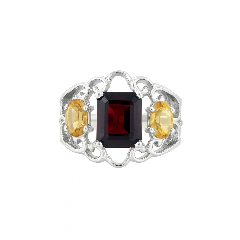 Three-Stone Garnet Emerald-Cut & Citrine Oval Birthstone Gold Ring