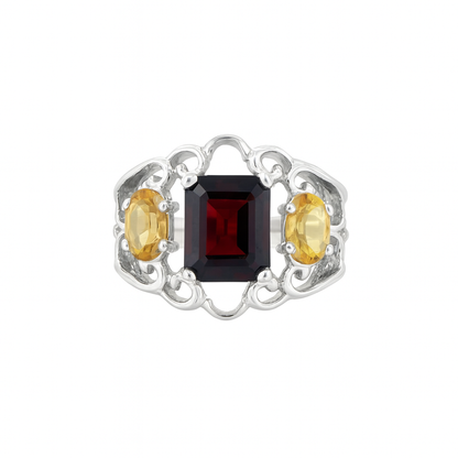 Three-Stone Garnet Emerald-Cut & Citrine Oval Birthstone Gold Ring