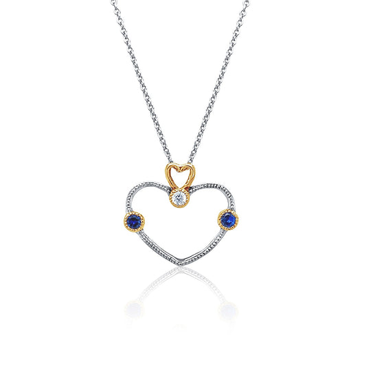 Sapphire & Diamond Open Heart Two-Tone Pendant