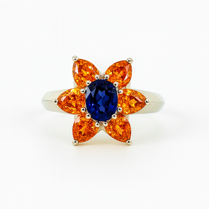 Floral-Design Blue Oval-Cut Gemstone Birthstone Ring