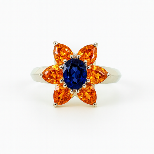 Floral-Design Blue Oval-Cut Gemstone Birthstone Ring