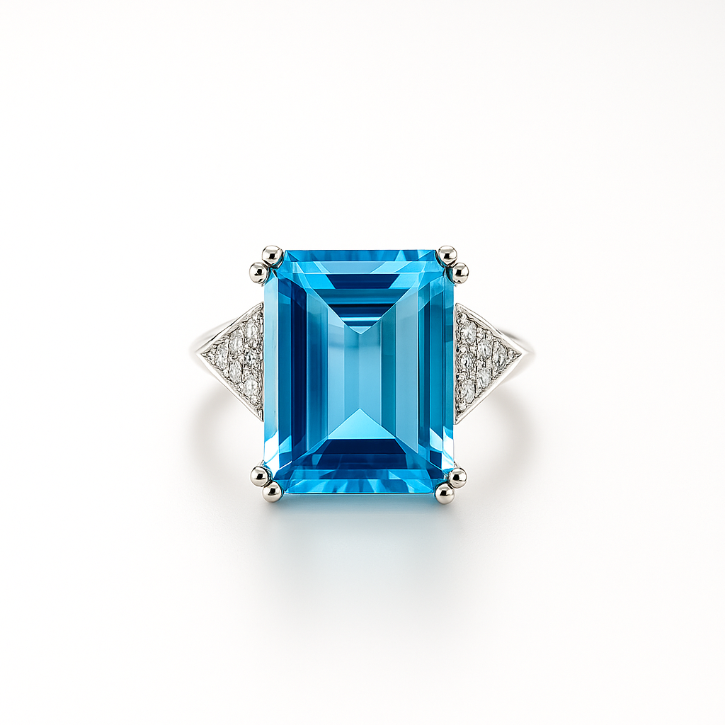 Blue Topaz Emerald-Cut White Gold Ring