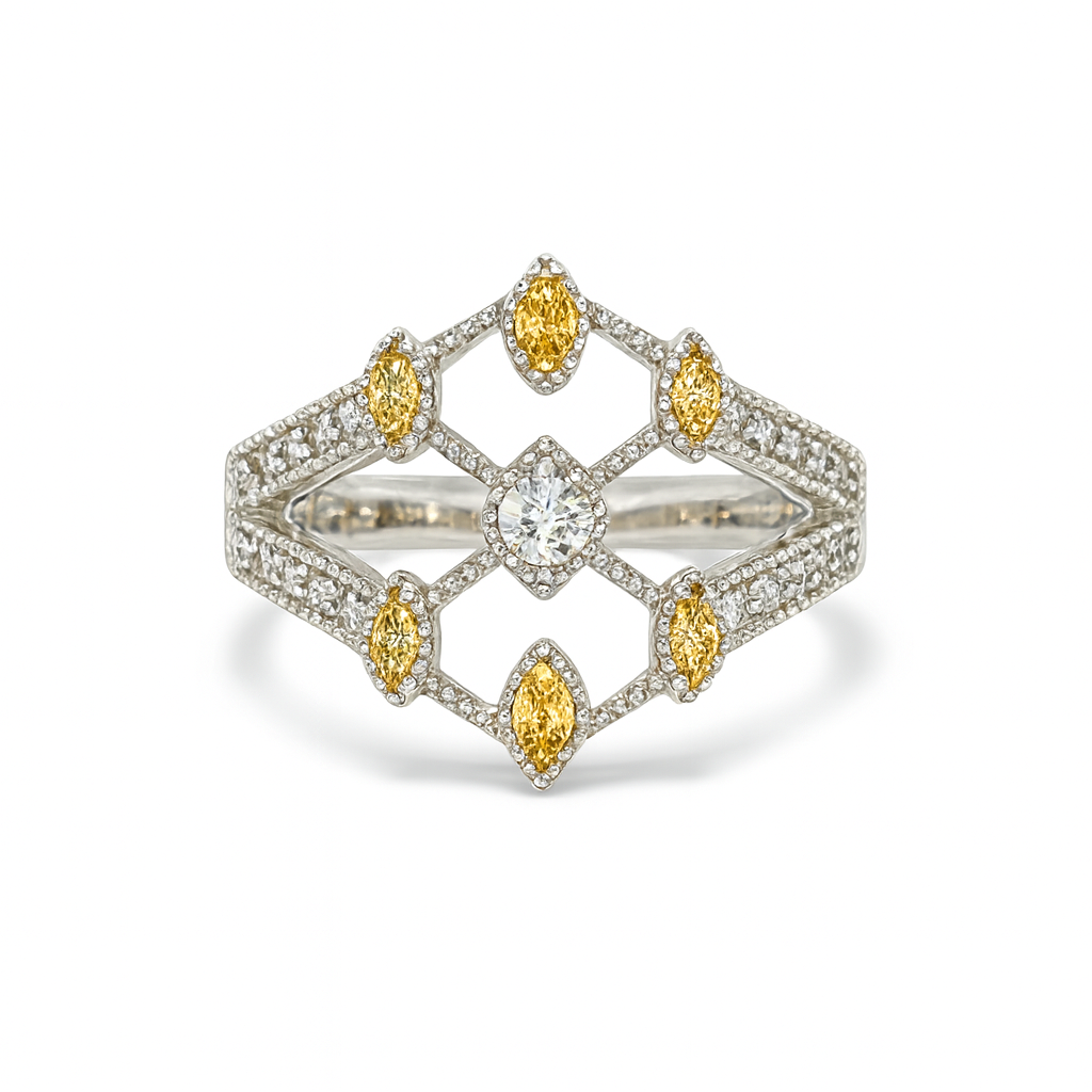 Striking Geometric Round-Cut Gemstones White Gold Ring