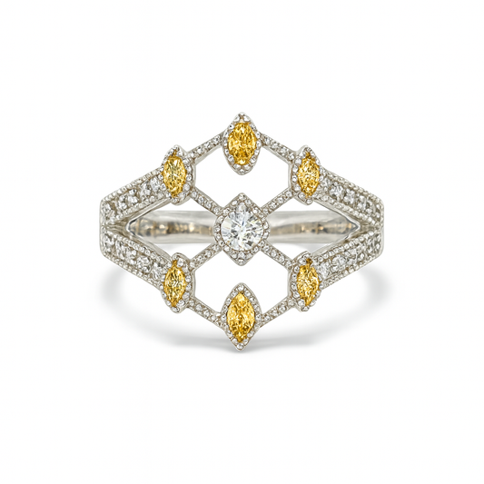 Striking Geometric Round-Cut Gemstones White Gold Ring