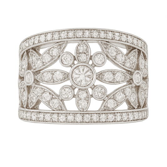Floral Design Round-Cut Diamonds White Gold Ring