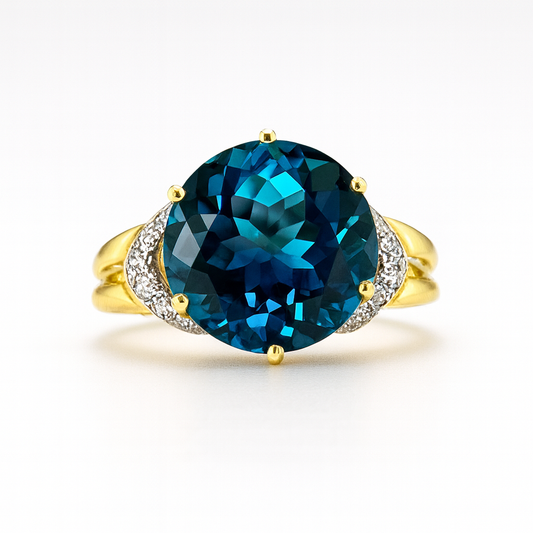 London Blue Topaz Round-Cut Birthstone Gold Ring
