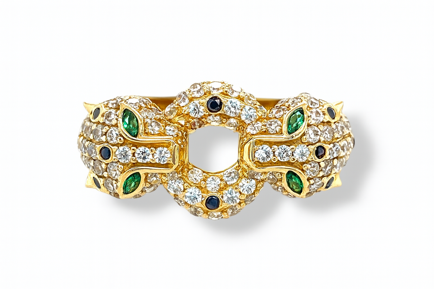 Panther Heads Style Round and Marquise-Cut Gemstones Yellow Gold Ring