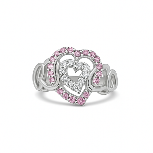 Pink and White Diamond Heart-Cut White Gold Ring