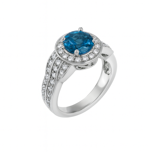 Blue Topaz Round Cut Birthstone Gold Ring