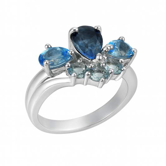 Blue Topaz Pear and Round-Cut Birthstone Gold Ring
