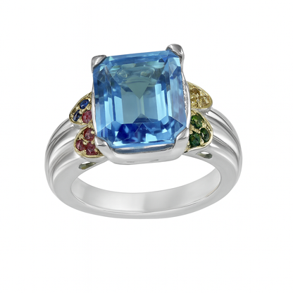 Blue Topaz Emeral Cut Birthstone Gold Ring