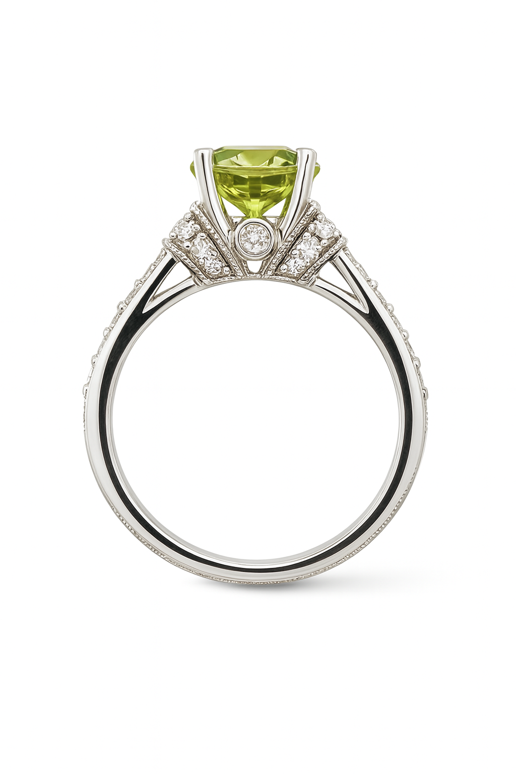 Green Round-Cut Gemstone White Gold Ring