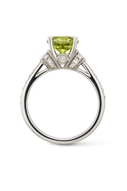 Green Round-Cut Gemstone White Gold Ring