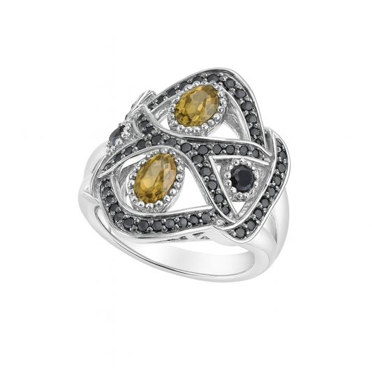 Wide-Band Design Round-Cut and Oval-Cut Gemstones White Gold Ring