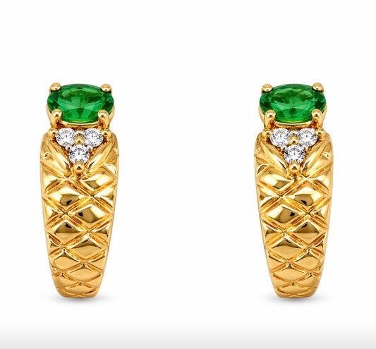 Emerald & Diamond Textured Gold Hoop Earrings