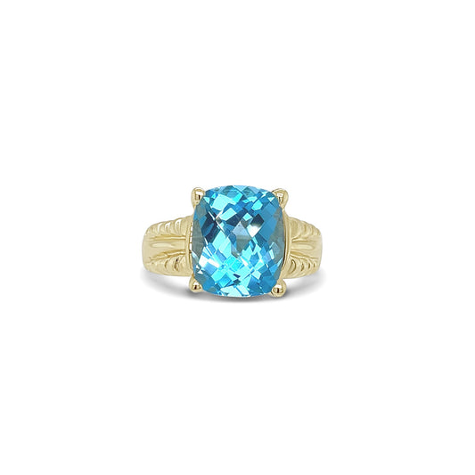 Blue Cushion Cut Gold Ring