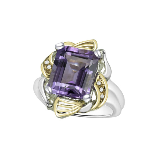 Emerald Cut Amethyst Two Tones Gold Ring